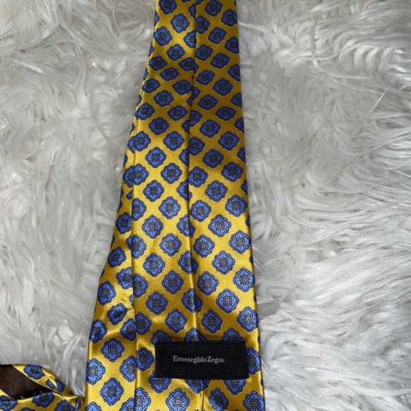 Ermenegildo Zegna Silk Tie Made in Italy yellow/blue diamond medallion print - Picture 8 of 10
